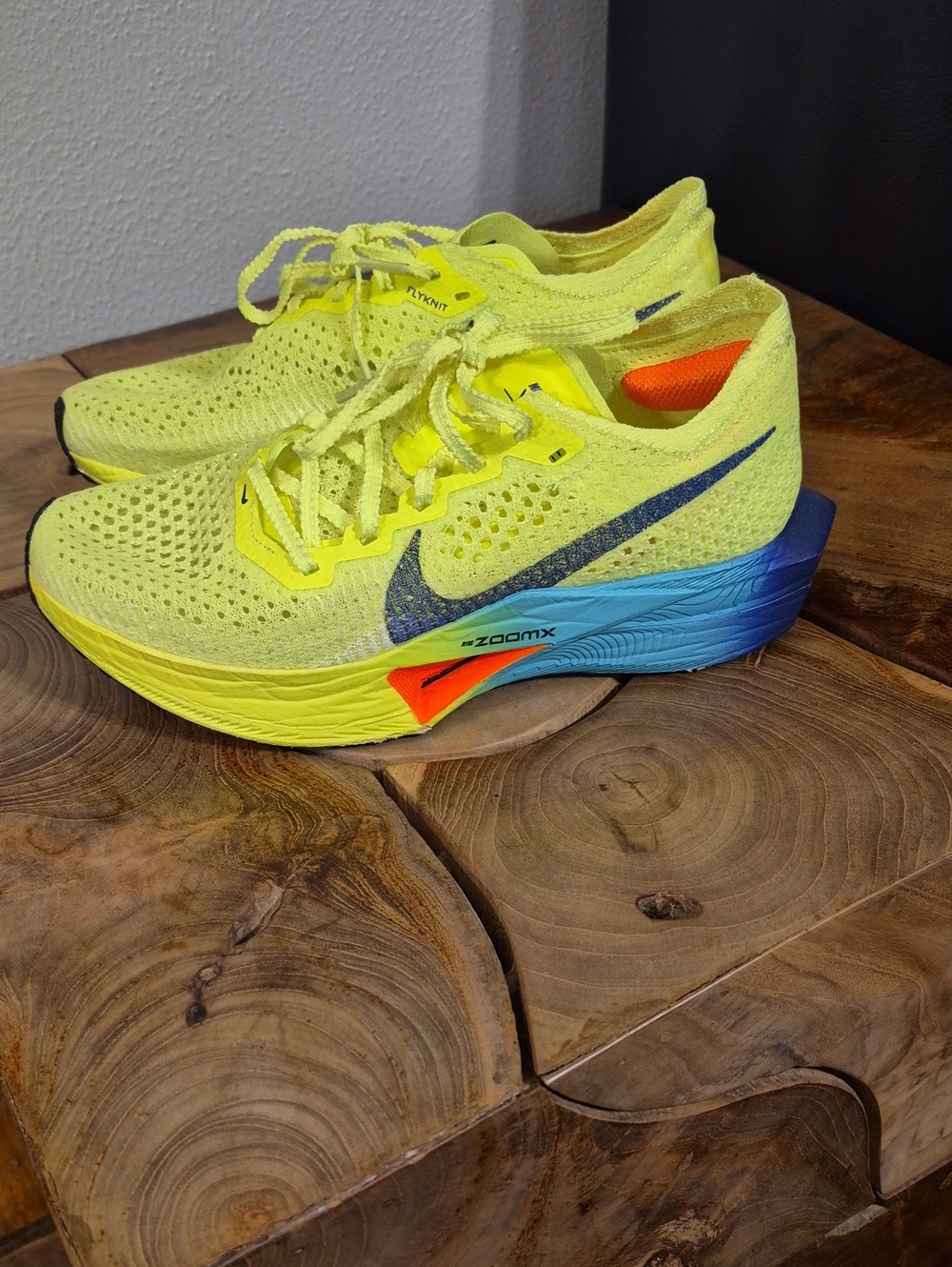 Nike Kid’s ZoomX Flyknit Running Shoes in Neon Yellow with Blue Accents